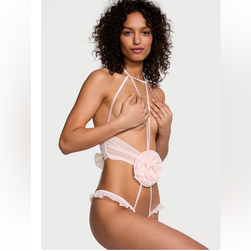NWT Victoria's Secret Pink Rosette Open-Cup Crotchless Teddy Size L